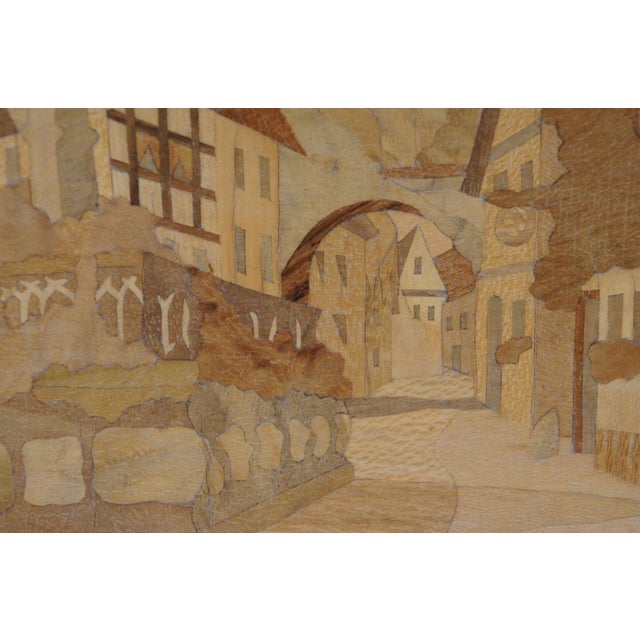 Tan 2 Schild Intarsia German Wood Inlay Marquetry Cityscapes Street Scenes 11" For Sale - Image 8 of 12