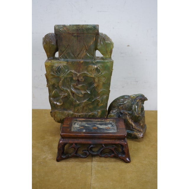 Wood Antique Chinese Qing Dynasty Carved Green & Yellow Jade Pheasant Urn For Sale - Image 7 of 12