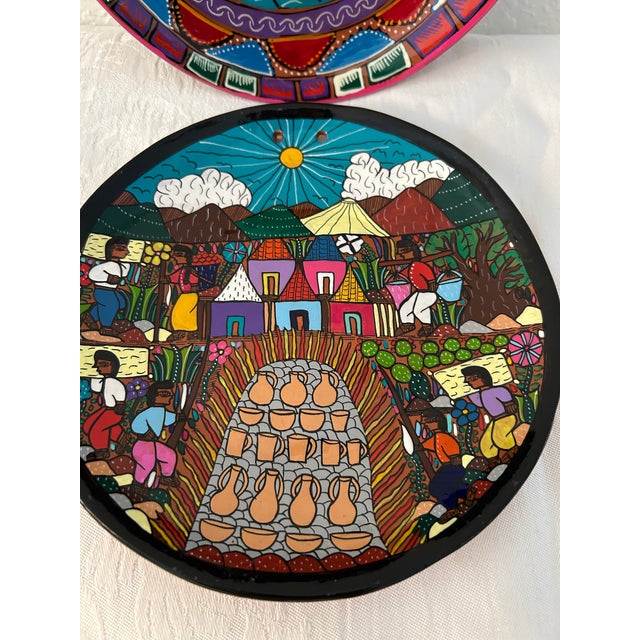 Folk Art Vintage Folk Art Hand-Painted Pottery Display Plates, a Pair For Sale - Image 3 of 4