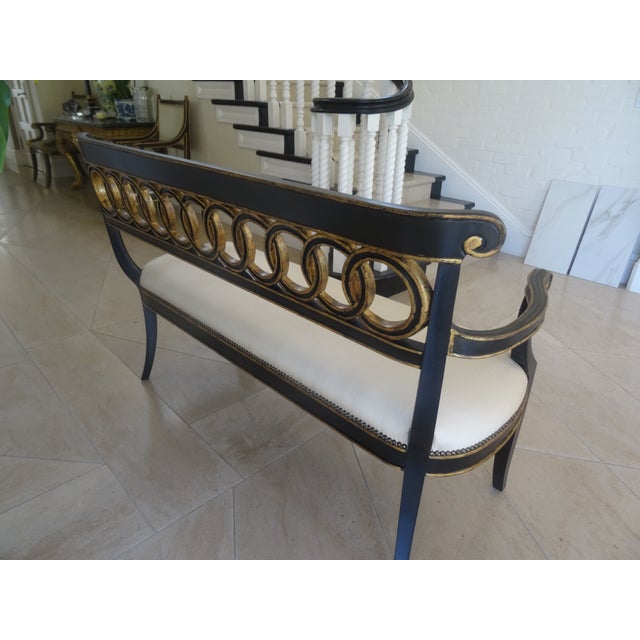 Vintage Regency Style Ebonzied and Parcel Gilt Settee For Sale - Image 9 of 11