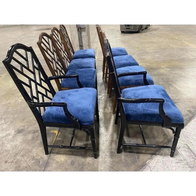 Offered is a rare set of 8 vintage chinoiserie style dining chairs by Century Furniture. This set features a faux bamboo...