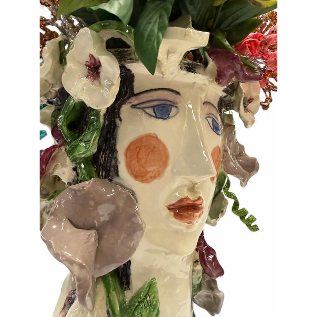 Whimsical Artisan Avant-Garde Hand-Painted Ceramic Head Vase With Floral Crown For Sale In West Palm - Image 6 of 6
