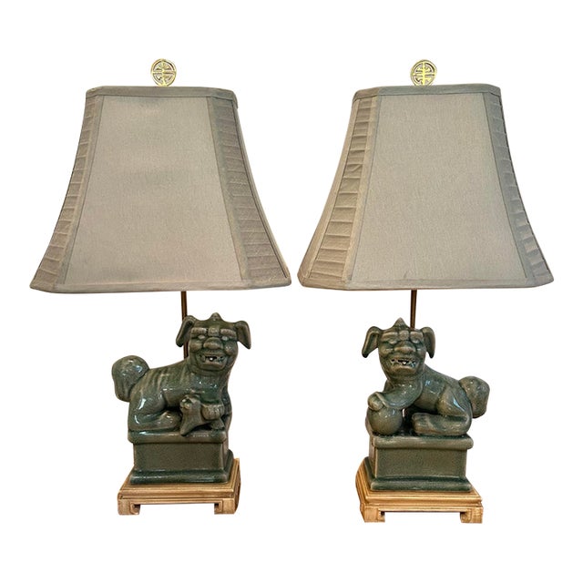 Vintage Celadon Crackle Glaze Chinoiserie Foo Dog Lamps - A Pair For Sale