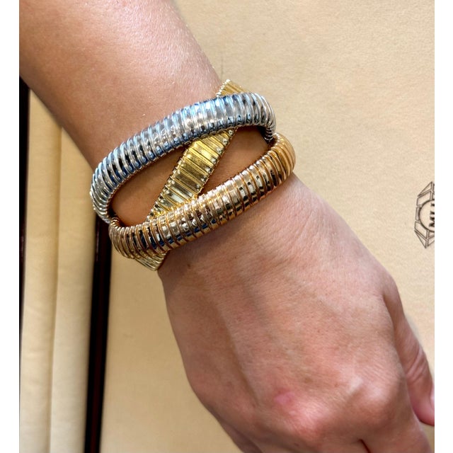 Estate " H Gold" Tri Color Interwoven Rolling Stretch Bracelet 18YG, RG, WG 87Gm For Sale - Image 12 of 18