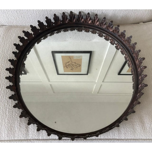 Mid 20th Century Large Vintage Italian Tole Acanthus Leaf Round Mirrored Tray / Mirrored Plateau / Round Mirrored Cocktail Tray For Sale - Image 5 of 17