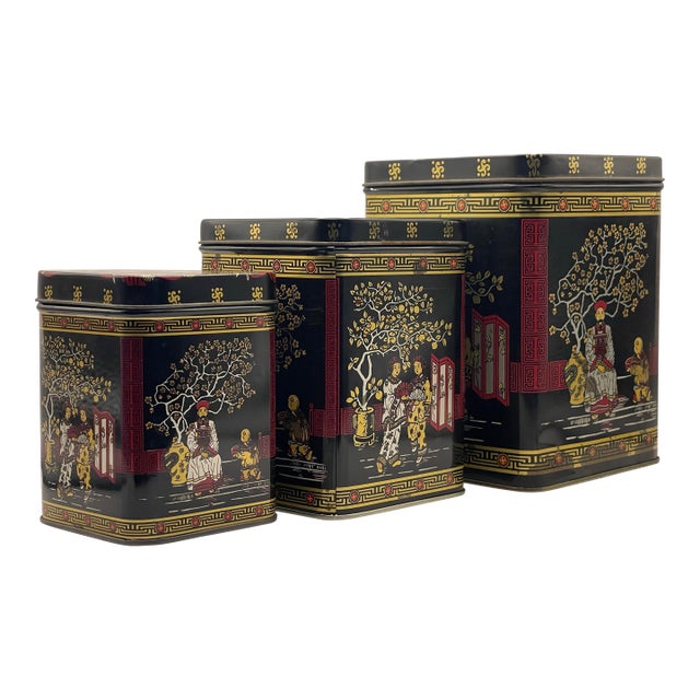 Mid 20th Century Asian Black & Gold Nesting Tins- A Set of 3 For Sale