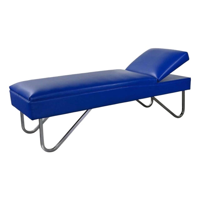 MCM to Streamline Modern or Industrial Chaise Daybed Adjustable Back Royal Blue Vinyl and Chrome For Sale