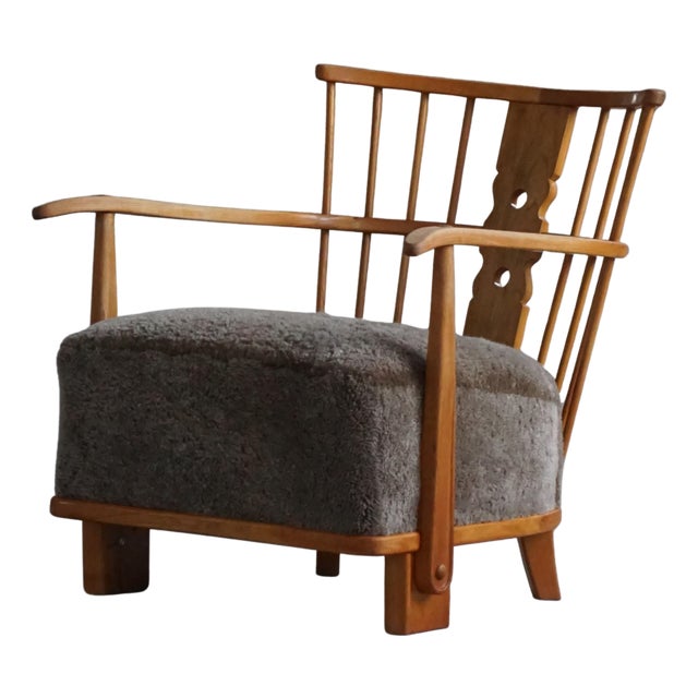 Lounge Chair in Elm and Lambswool from Fritz Hansen, 1940s For Sale
