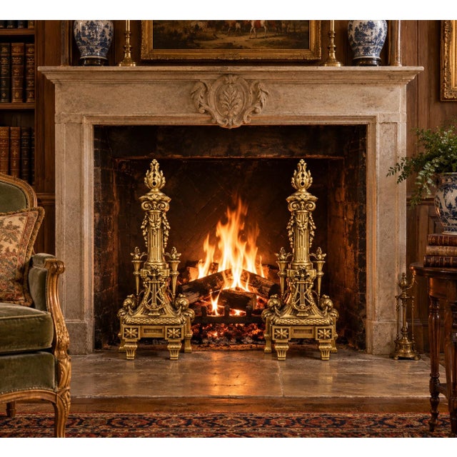 Bunny Williams Home Antique French Rococo & Louis XVI Chenets a Pair - Large Heavy Brass Fireplace Andirons for Regency, Neoclassical and Old World Decor - See Pics! For Sale - Image 4 of 12