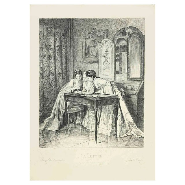 Léopold Flameng, La Lettre, Etching, 1869 For Sale