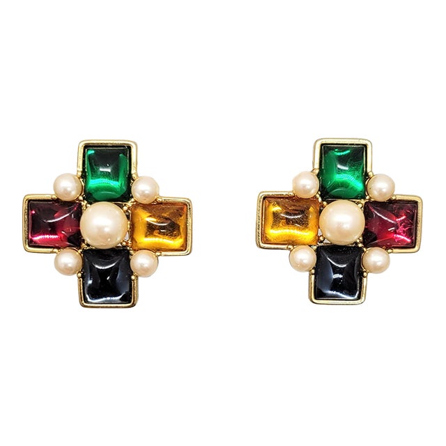 Vintage 1980s Signed Monet Goldtone Jewel Tone Rhinestone & Faux Pearl Pierced Earrings- 2 Pieces For Sale