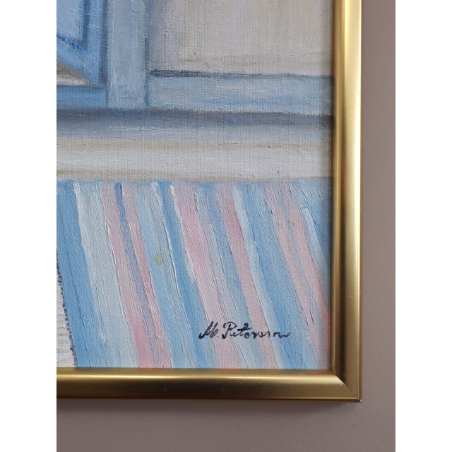 Blue Mid-Century Modern 'Open Doors to Summer' Vintage Swedish Interior Scene Oil Painting, Framed For Sale - Image 8 of 14