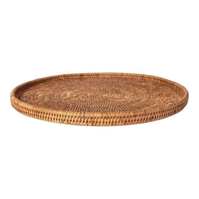 Artifacts Rattan Round Flat Tray in Honey Brown - 14" For Sale