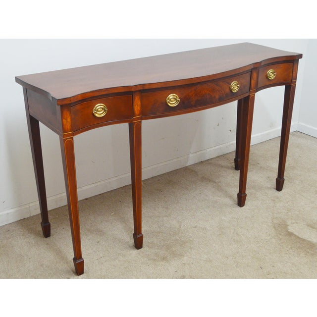 Console Table by Baker - Historic Charleston Collection. Store item #577. It features inlaid wood and brass hardware.