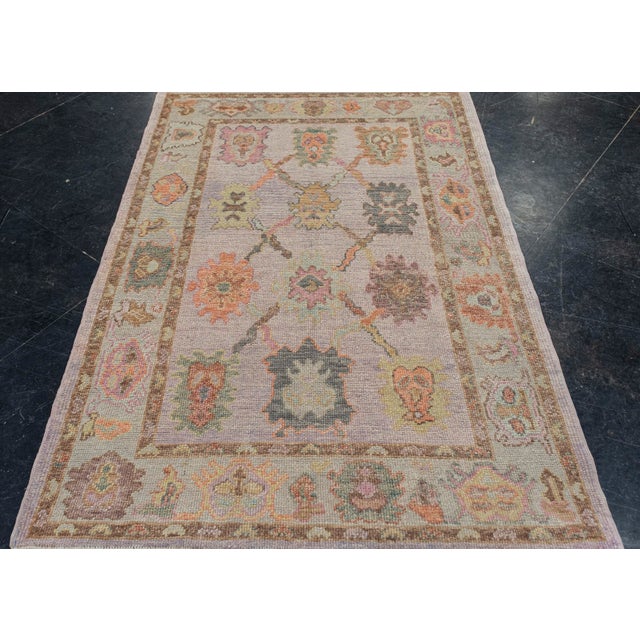 Turkish Oushak Rug Soft Lilac & Earthy Tones Handwoven Wool Rug 4'1" X 6' For Sale - Image 4 of 9
