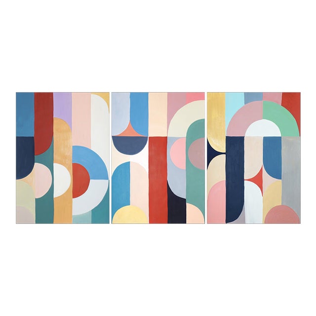 2026, Art Deco Painting Triptych, Slippery Slope, Acrylic Paint on Watercolor Paper, Pastel Pattens by Natalia Roman For Sale