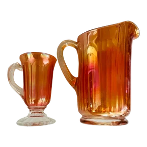 Antique Carnival Glass Pitcher & Goblet in Marigold