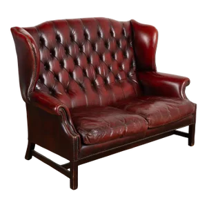Vintage Red Leather Wingback Chesterfield Loveseat Double Chair, England Circa 1960