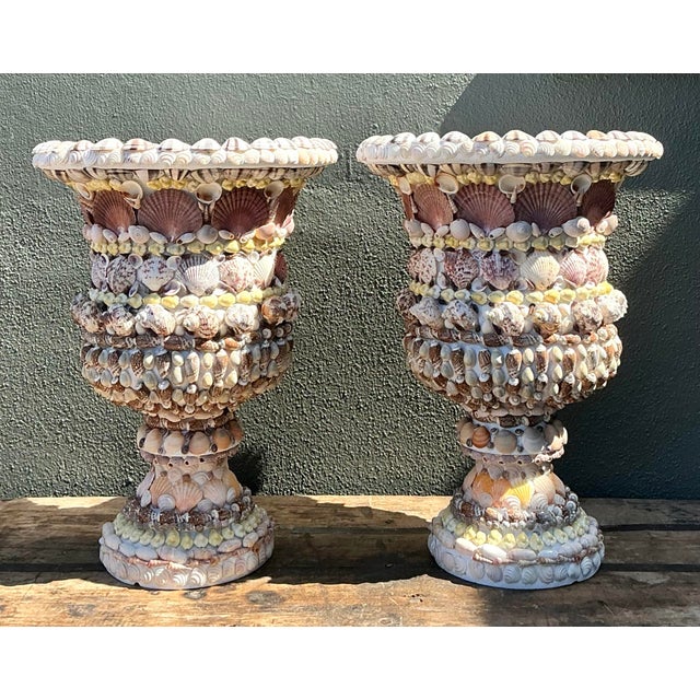 Vintage Shell Encrusted Resin Urns - A Pair For Sale In West Palm - Image 6 of 12