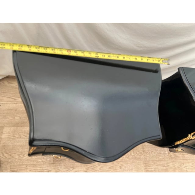 Vintage Pair French Nightstand Tables Two Drawers Black Lacquer Marble, Ormolu For Sale - Image 10 of 12