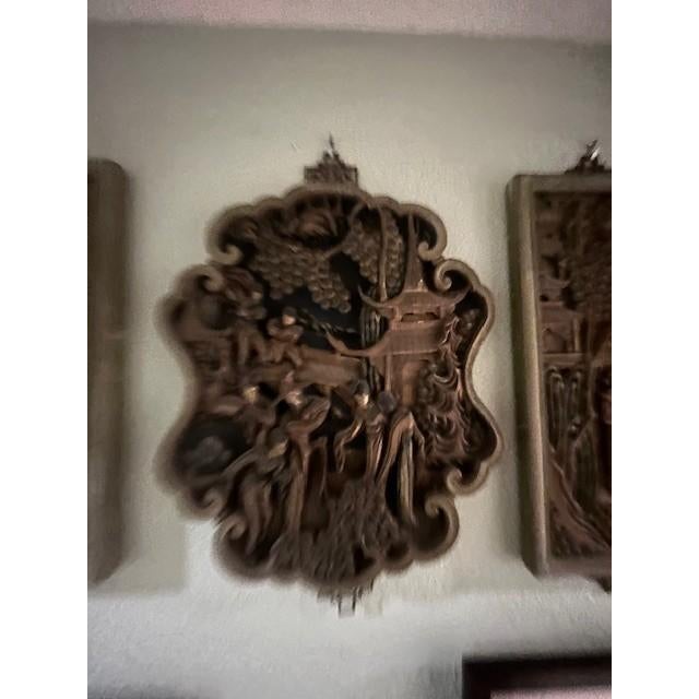 Brown Hand Carved Wood Chinese Wall Plaque Set - 3pc Vintage Chinoiserie Garden Panels For Sale - Image 8 of 18