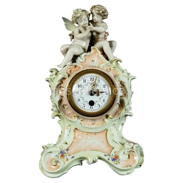 Green Antique Porcelain Cherub Mantel Clock from Volkstedt, Germany, 1890 For Sale - Image 8 of 8