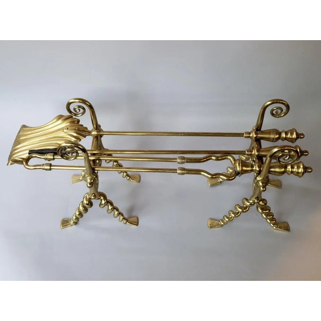 French Antique French Brass Fireplace Tools With Firedogs - 5 Piece Set For Sale - Image 3 of 10