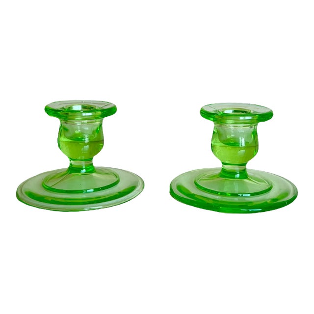 Pair of Early 20th Century Green Glow Candleholders For Sale