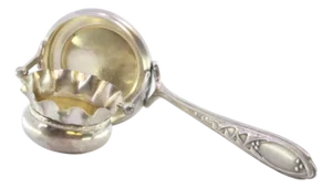 Silver Tea Strainer with Cup-Shaped Deposi, Handle Reliefs and Monogram Card