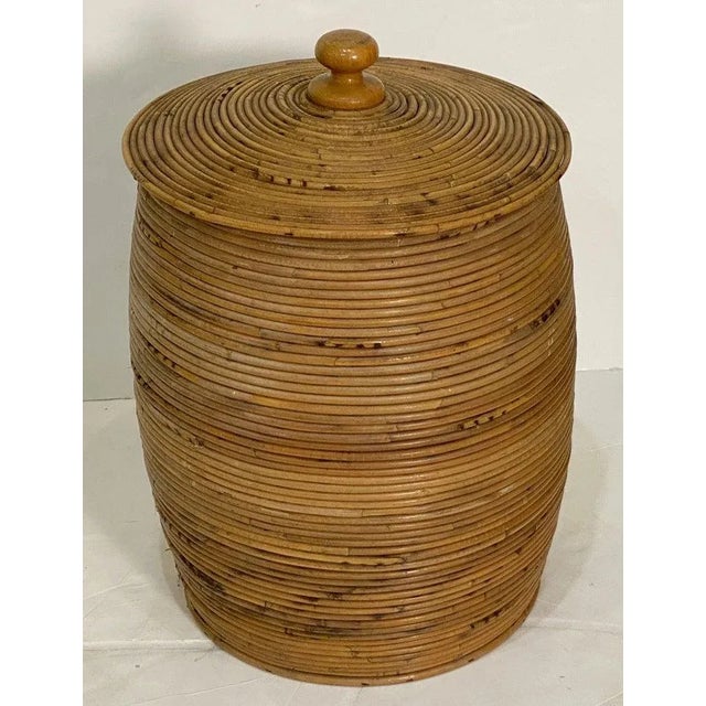 Large French Round Basket Container of Spiral-Work Cane With Lid For Sale - Image 4 of 12