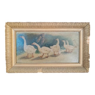 19th Century Rustic Primitive Naive Oil Painting of Non-Violent Geese or Swans For Sale