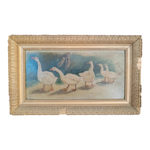 19th Century Rustic Primitive Naive Oil Painting of Non-Violent Geese or Swans