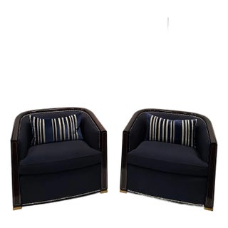 Keno Brothers Mahogany Brass Inlay and Upholstered Club Chairs -a Pair For Sale