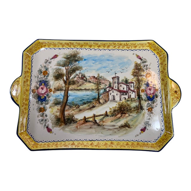 Italian Tray Dipinto A. Mano Pottery Hand-Painted Ceramic Serving Tray or Plate With Handles, Landscape Scene With Building & Water, Trees For Sale