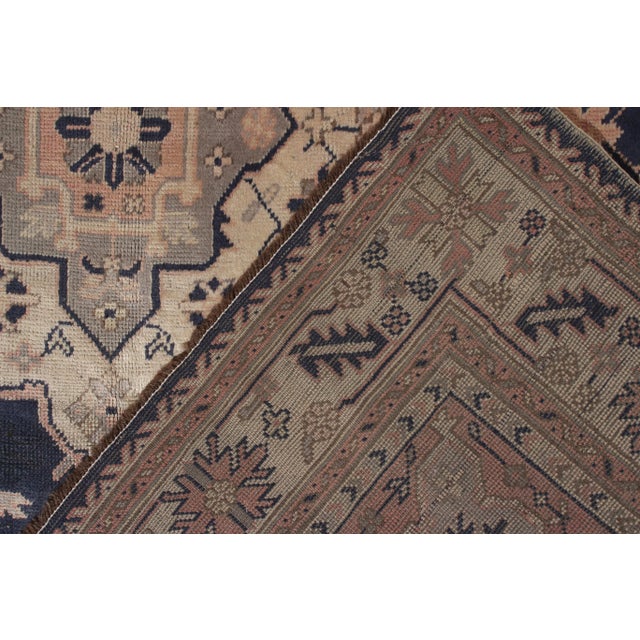 Hand-Knotted Antique Turkish Oushak Rug in Blue, Pink Medallion Floral Pattern For Sale In New York - Image 6 of 7