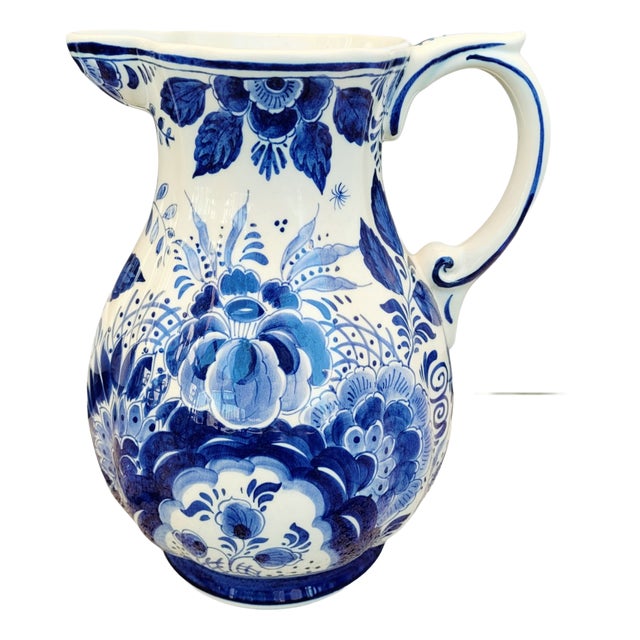 Large Early 20th Century Antique Hand-Painted Delft Blue Pitcher, Holland For Sale