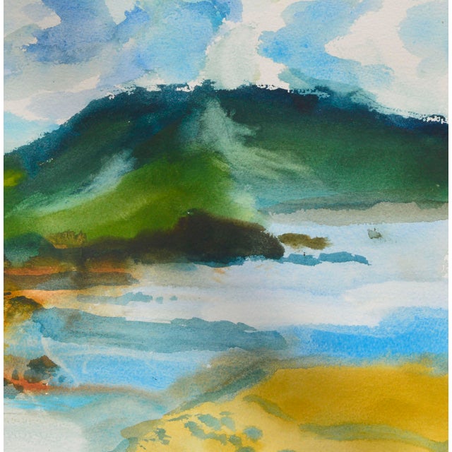 1980s Lake & Mountains Watercolor Landscape by Les Anderson For Sale - Image 5 of 6