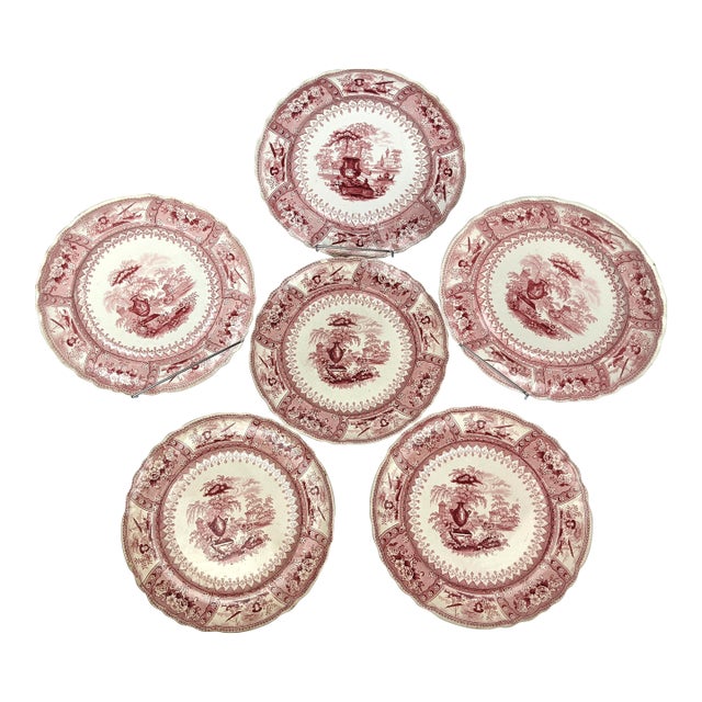 Antique Staffordshire Red Transferware Canova Plates by T. Mayer, Set of 6 For Sale
