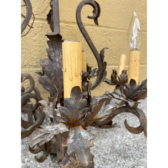Metal Late 20th Century Wrought Iron Oxidized Tin Electrified Candelabra Chandelier For Sale - Image 7 of 10