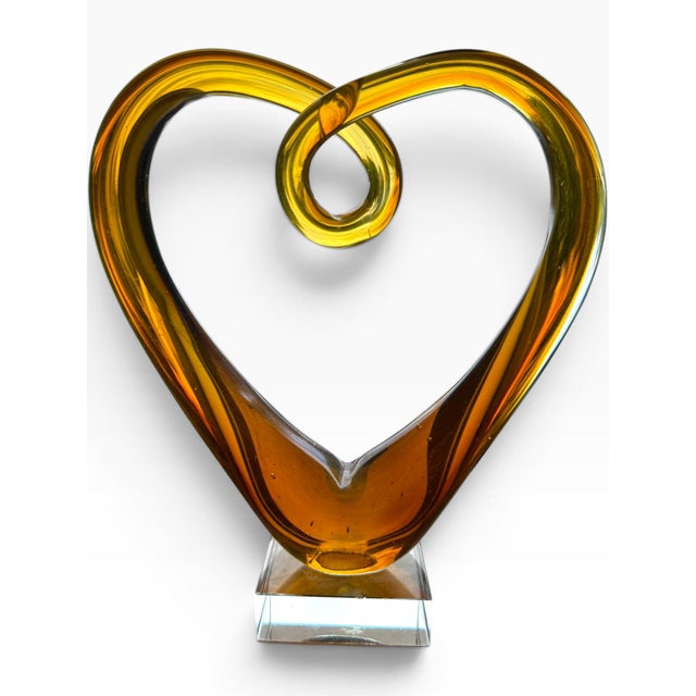 Vintage Amber Murano-Style Art Glass Heart Sculpture on Lucite Base For Sale - Image 4 of 8