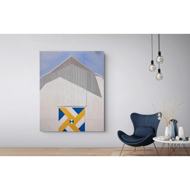 Sunrise by Justin Wheatley | Acrylic on Canvas White Barn With Yellow and Blue Quilt Block For Sale In Denver - Image 6 of 8