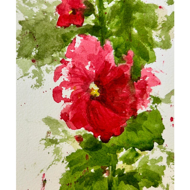 Paper Original Watercolor Painting “Pink Hollyhocks” For Sale - Image 7 of 8