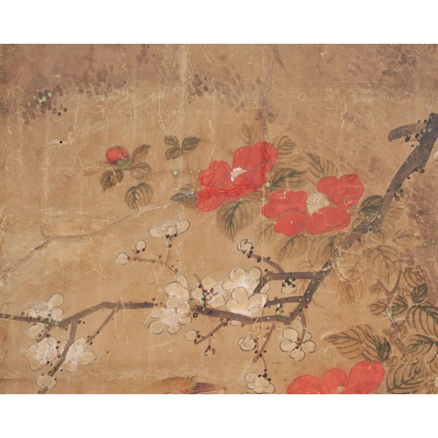 18th Century 18th C. Japanese Edo Two-Panel Screen Pheasants Floral Landscape For Sale - Image 5 of 18