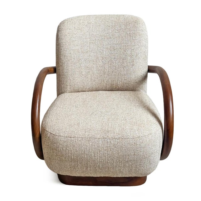 Beige Curved Wood & Tweed Mid-Century Modern Arm Chair For Sale - Image 8 of 13