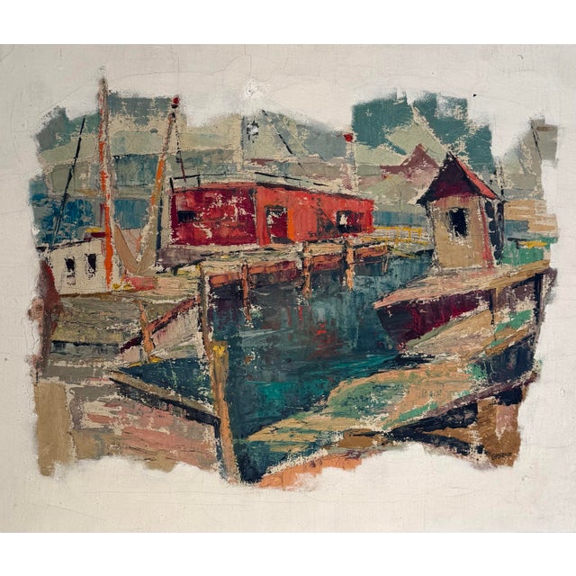 Striking mid-century oil painting on canvas, signed Greene, featuring a textured palette-knife harbor scene in saturated...