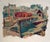 Striking mid-century oil painting on canvas, signed Greene, featuring a textured palette-knife harbor scene in saturated...