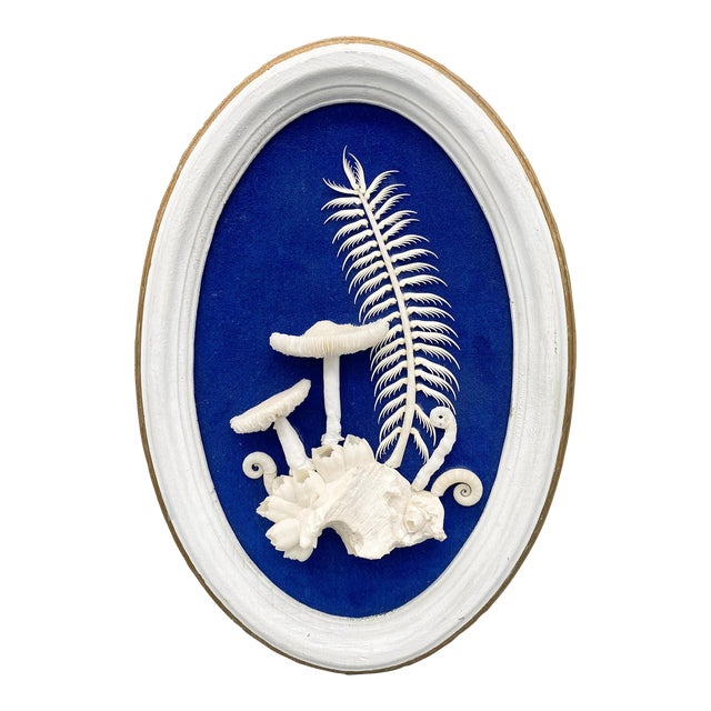 Vintage Framed Shell Art White Mushroom Motif With Blue Background Signed by Artist Chairish