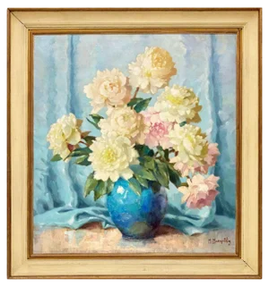 Maximilian Maxolli, Still Life with Peonies, Oil on Canvas, Framed