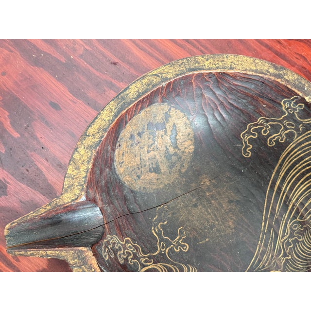 Japanese Vintage Japanese Style Carved Wood Lacquer Spouted Bowl With Wave and Moon For Sale - Image 3 of 6