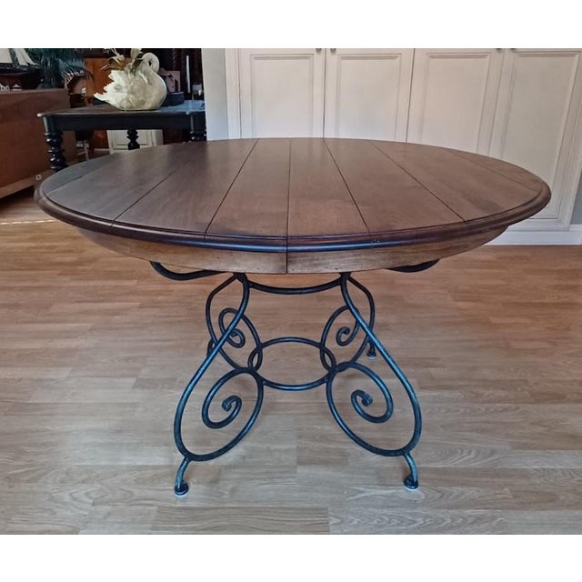 Ethan Allen Refinished Round Dining Table With Iron Metal Base & Leaf